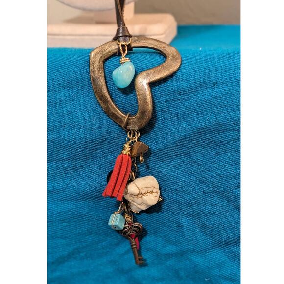 Artisan Cord with Heart, Stone, Tassel, Key and Other Charms Cluster Necklace - Picture 5 of 8